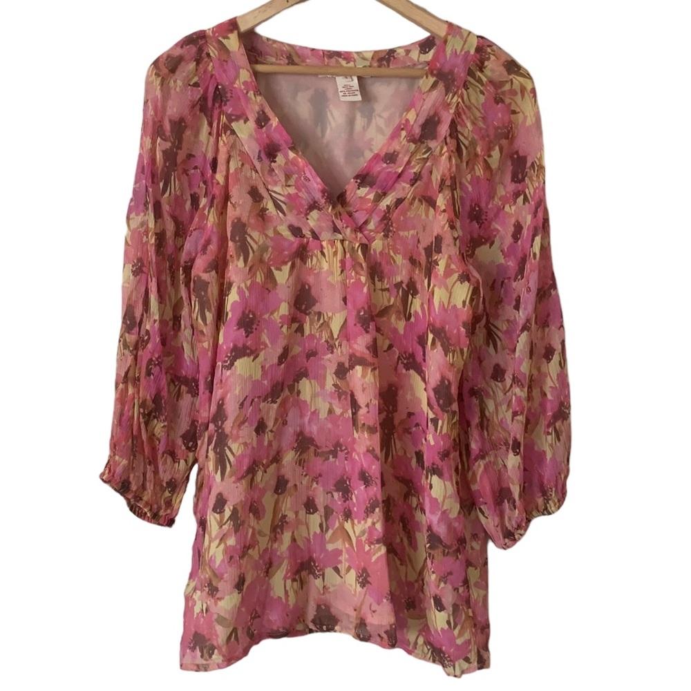 Sundance Floral Watercolor Pink 3/4 Sleeve V-Neck Blouse Size Small 100% Silk